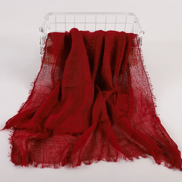 12270-c45062.jpg hijab Bandeau voile froissé en coton pour femme, écharpe longue de couleur unie