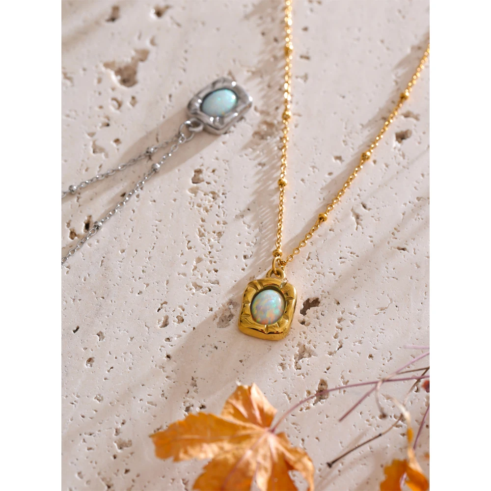 Yhpup Imitation Opal Rectangle Necklace 316L Stainless Steel