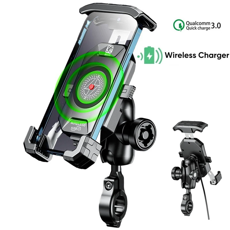 2022 Upgraded 12V Motorcycle Phone Holder 20W Type C PD Quick Charger 15W Wireless Charger Cradle Holder for 4.0-7.0" Cellphone