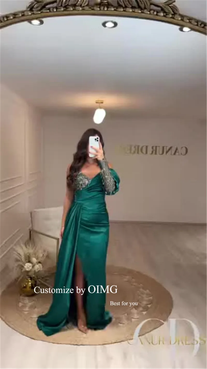 

Emerald Green Satin Mermaid Evening Prom Dresses Straps Diamond Lace Long Sleeves Duabai Arabic Women Evening Gowns