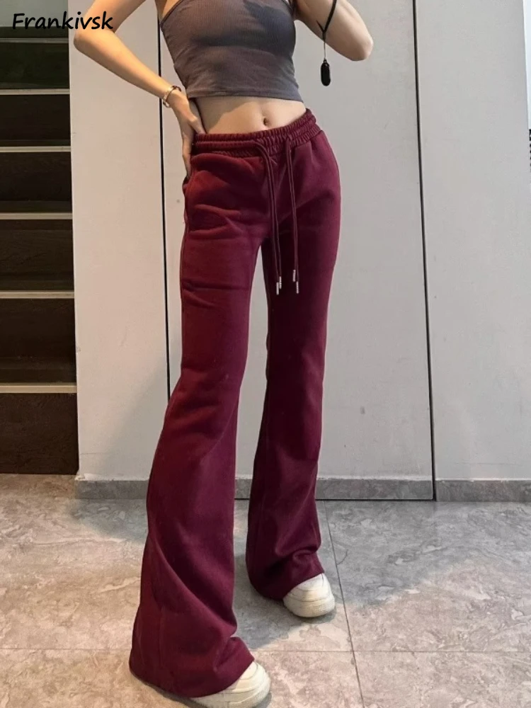 

Solid Pants Women Straight Slim Stretchy European Style Sporty Bodybuilding Basics High Waist Full Length Lace-up Leisure M-2XL