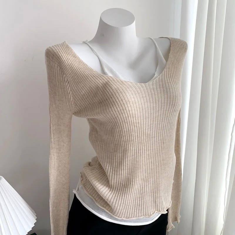 

BEENLE Fake Two Knitted Sweater Women's Leggings Top Stitching Off-shoulder Long-sleeved Knitwear Spring V-neck T-shirt