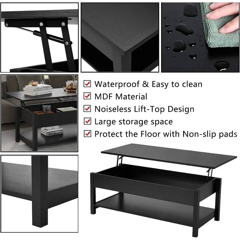 Lift top coffee table with hidden compartment and open shelf, pop-up tabletop for living room 6