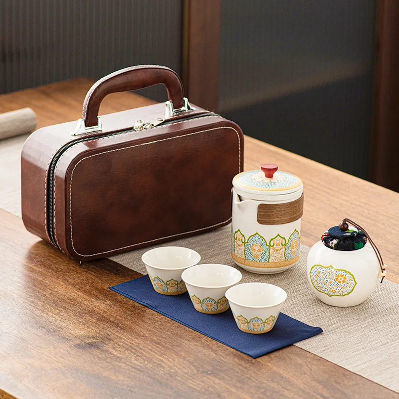 matcha matchaTravel Tea Set Portable Kung Fu Tea Set Ceramic Teapot Canister Cup Outdoor Quick Cup Canister Leather