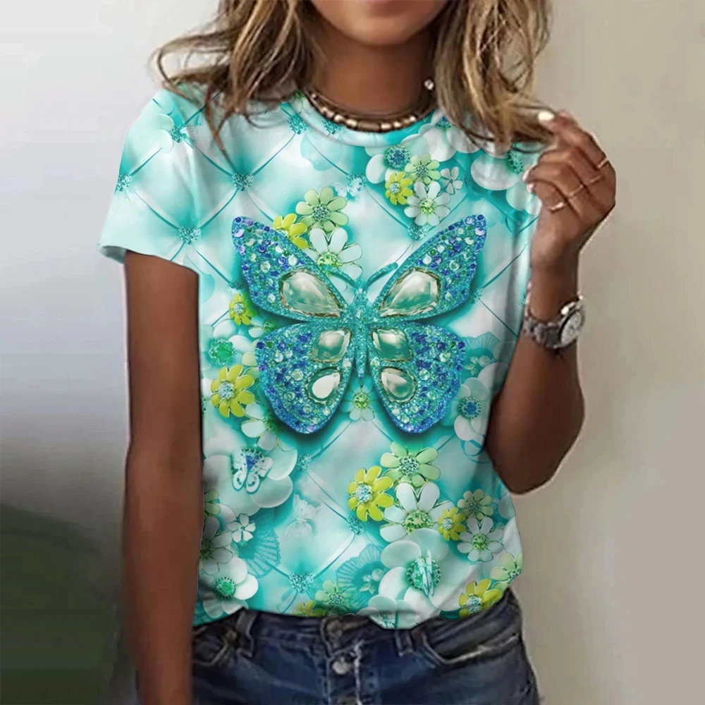 

The latest women's T-shirt, fashionable 3D butterfly print, women's casual street clothing, Harajuku short sleeved top