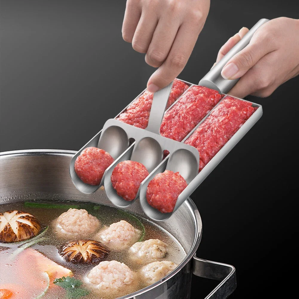 Stainless Steel Triple Meatball Maker Creative Meat Baller Scoop Tool with Spoon for Cooking DIY Easy Meatball Making Mold Set