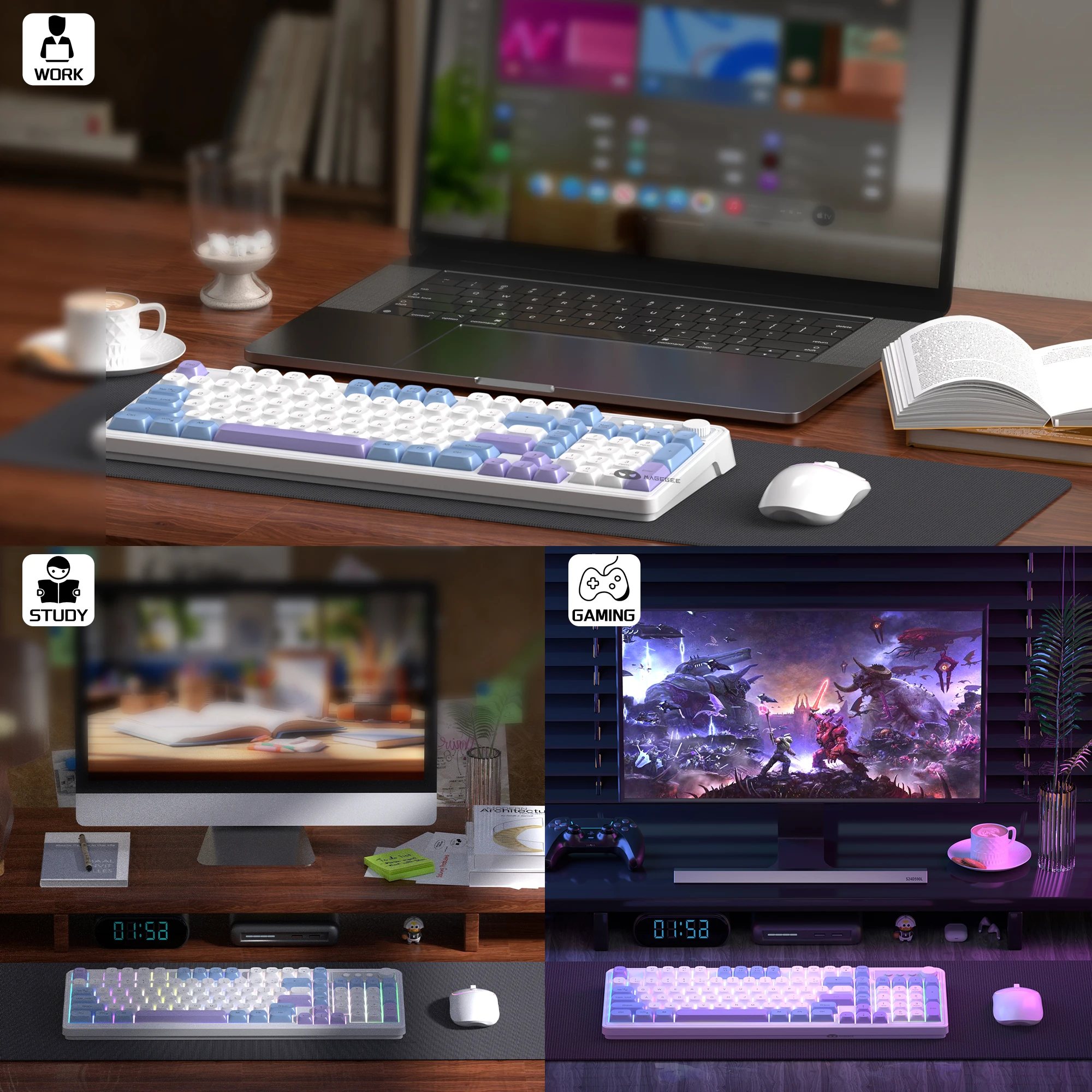 MageGee 무선 게이밍 키보드 및 마우스 콤보 V560, RGB 백라이트 충전식 기계식 느낌 2.4GHz 조용한 블루 화이트 퍼플 K