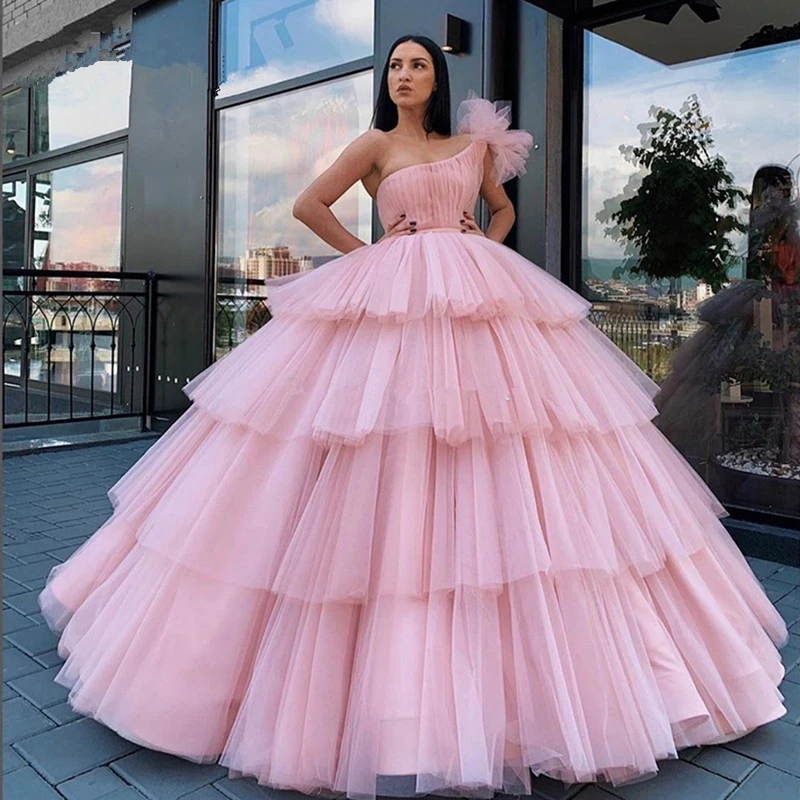Saudi Arabic One Shoulder Pink Quinceanera Dresses Special Occasion Tiered Islamic Dubai