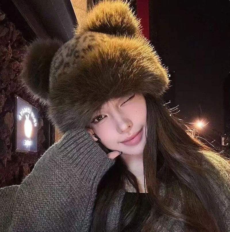 Retro Leopard Plush Ears Bucket Hat Thicken Plush Warm Fur Hat For Women Cold Snowy Day Panama Cap Plush Windproof Fisherman Hat