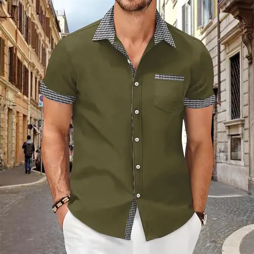 Patchwork Printed Shirt for Men, Solid Color, Comfortable and Soft Short Sleeve Top, Large Size, Summer New - Image 17