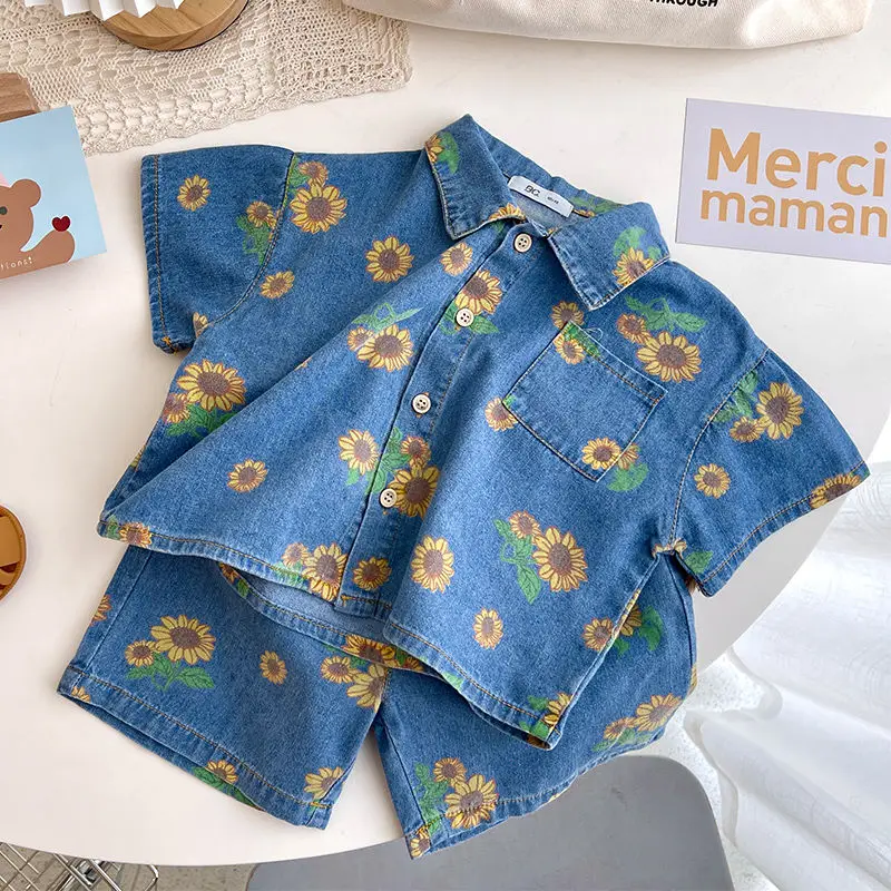 Kids Clothing Set Summer Baby Boys Girls Outfits Sunflower Printed Short Sleeve T-shirts + Shorts 2pcs Denim