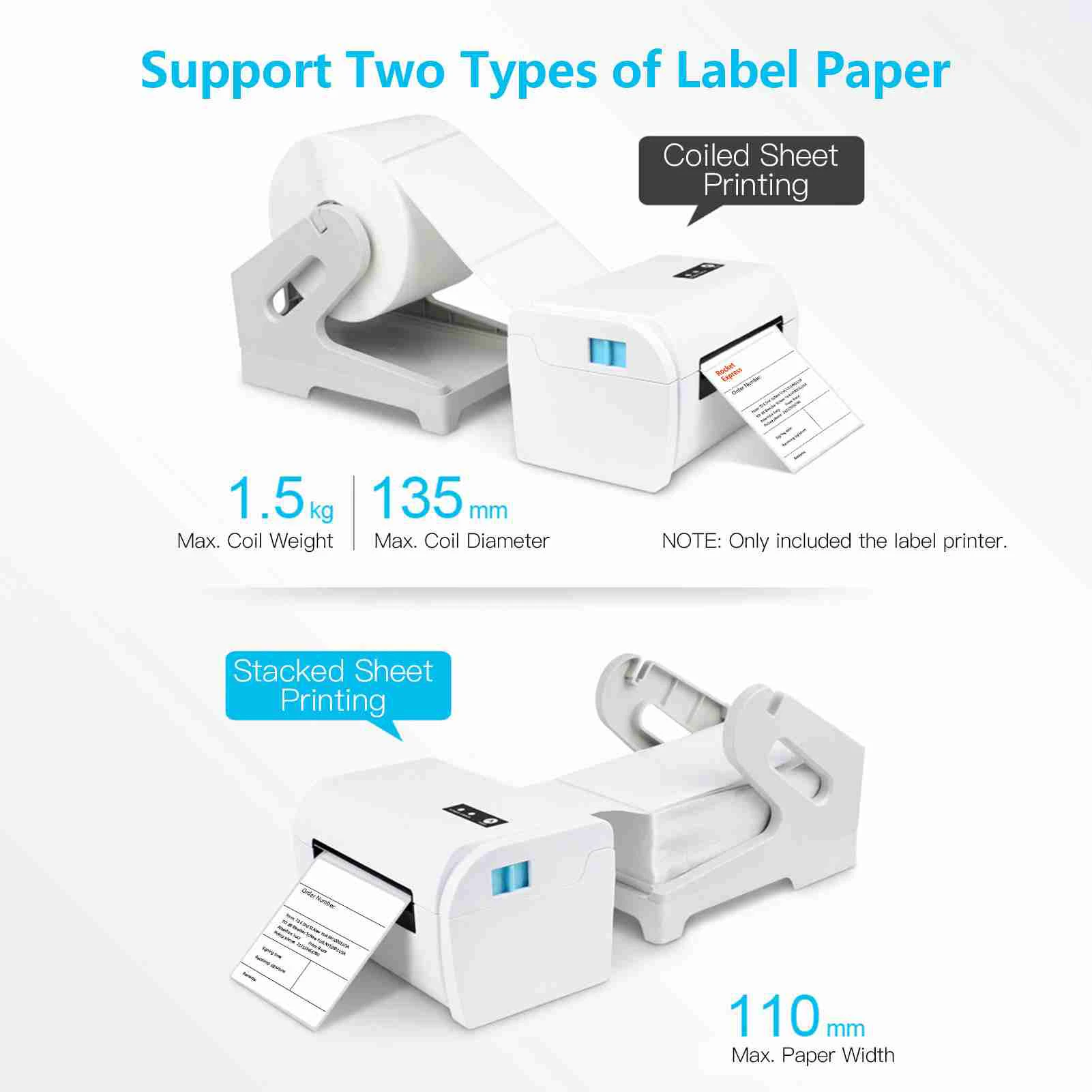 Thermal Label Printer High Speed Shipping Label Printer USB BT Connection Support 40-110mm Paper Width Compatible with Windows