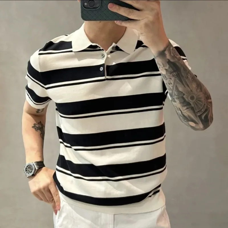 

Smart Casual Summer Polo Shirts Men Turn-down Collar Striped Contrast Color Button Simplicity Fashion Loose Short Sleeve Tops