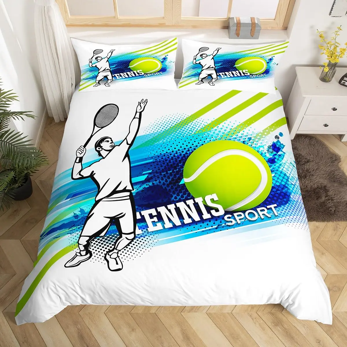 Tennis Court Print Duvet Cover Set,Boys Sports Games Themed Comforter Cover,Yellow Tennis Racket Sporting Equipment Bedding Set 2