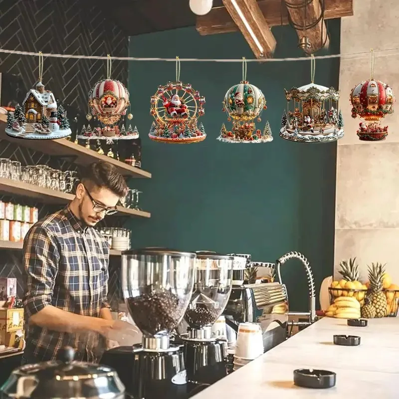 12PCS/Set Christmas Hot Air Balloon Ornaments 2D Flat Wooden Santa Claus Hanging Pendant Christmas New Year Decor Navidad