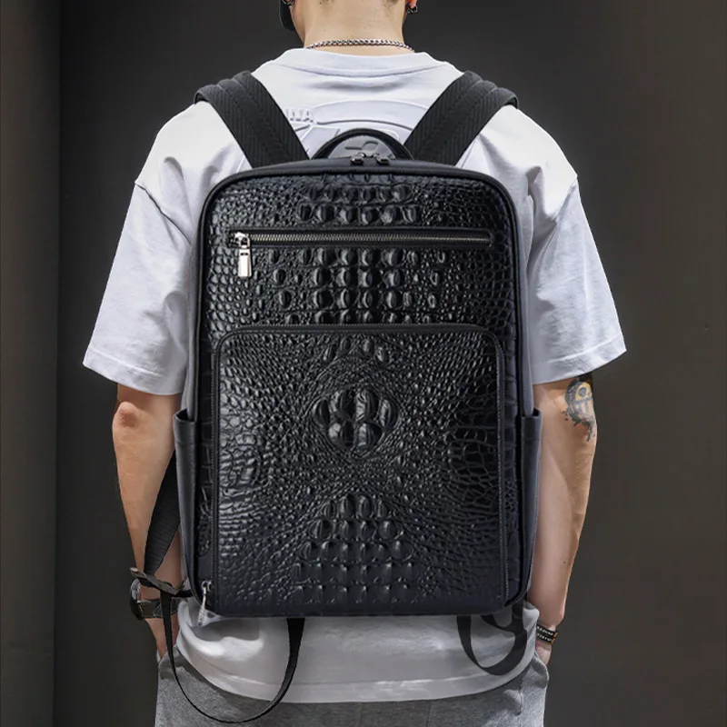 Business Men Backpack Crocodile Pattern Men's Bag Genuine Leather Schoolbag Large Luxury Brand 15.6 inch Laptop Travel Backpack 4