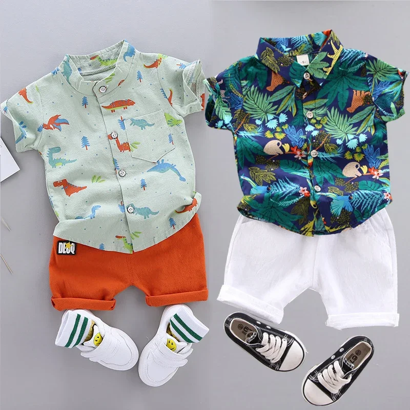 

Summer children's clothing baby Lapel over printed shirt short sleeve set 2024 new boys' casual Top Shorts casual two-piece set
