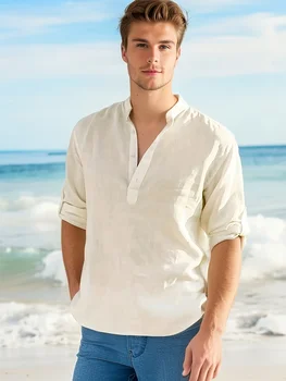 Men's Linen Stand Collar Long Sleeve T-Shirt Loose Fit; Solid Color Long Sleeve Cotton Linen Shirt 6