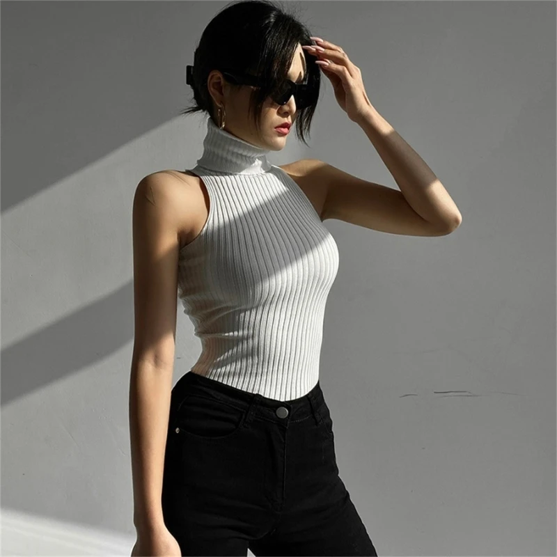 Seamless Ribbed Sleeveless Mock Neck Turtleneck Shaping Tank Top Hot Tee  (Black