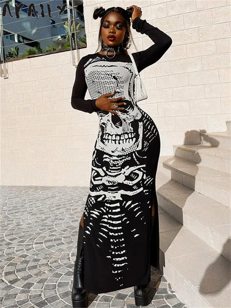 

Akaily Black Graphic Long Dress Streetwear Y2k Outfit For Women 2023 Fall Skull Print Long Sleeve Maxi Dress Fashion Split Dress