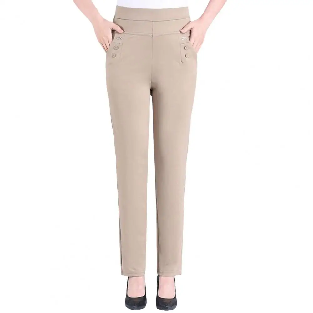 

Summer Women Pants Elastic Waistband High Waist Trousers Pockets Design Straight Leg Thin Pants Mid-aged Pants