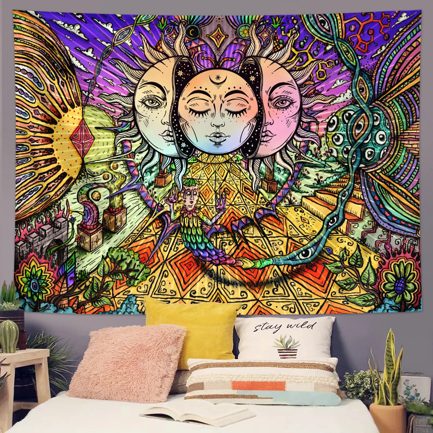 Sun Moon Tapestry Burning Sun and Stars Tapestry Black and White Mysterious Tarot Card Tapestry 1pc
