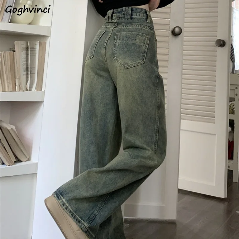 

Straight Jeans for Women College Young Girls Chic Spring Autumn Clothing Full Length All-match Korean Style Leisure Washed Ins