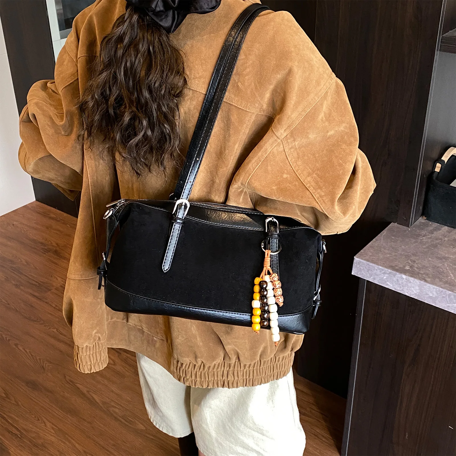 Women Girls PU Leather Single Shoulder Handbag with Zipper One Shoulder Armpit Bag Top-Handle Boston Bag for Outings Commuting