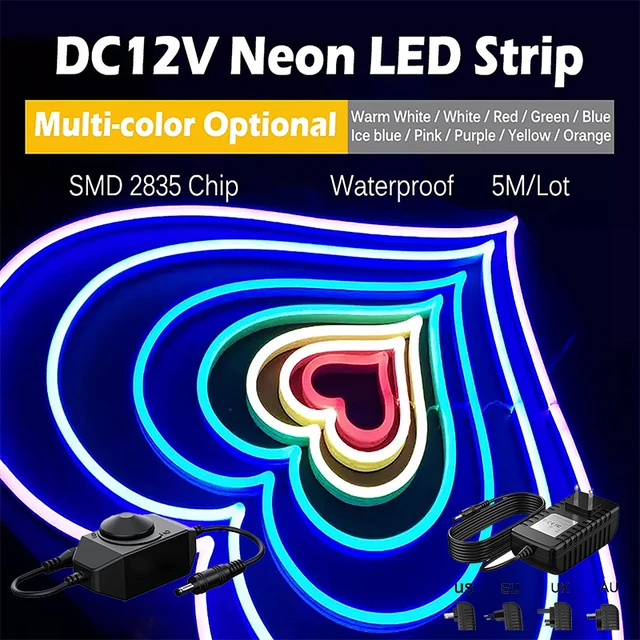 Neon LED Strip Light 16.4ft 12V With Power Adapter Silicone Rope Lights  Waterproof Flexible LED Neon Lights for Indoors Outdoors - AliExpress