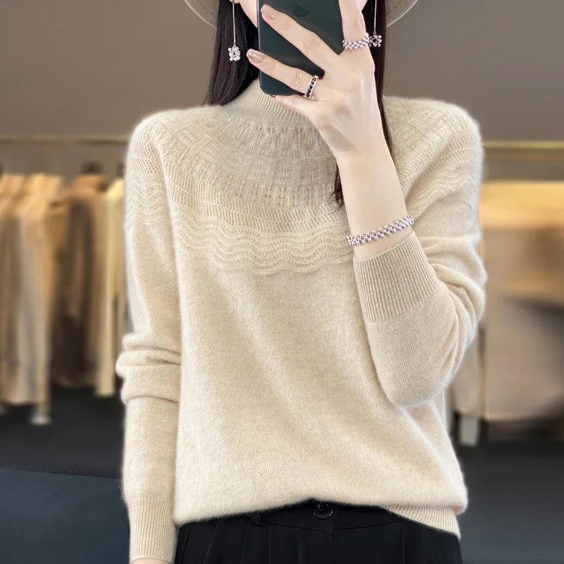 

2023 Autumn/Winter New Woolen Sweater Women's Half High Collar Solid Long Sleeve Loose Pullover Knitted Sweater Underlay