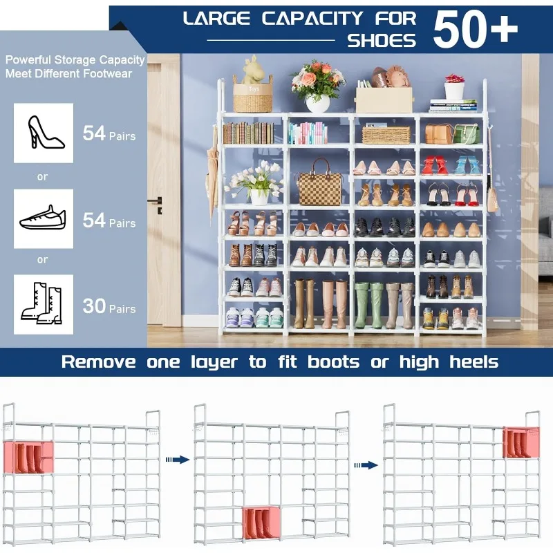 8 Tier Large Shoe Rack, Tall Metal Shoe Organizer, Storage Rack for Entryways, Closets and Garages