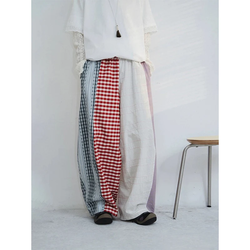 MEXZT Harajuku Wide Leg Pants Women Y2K Streetwear Plaid Patchwork Baggy Pants Summer Vintage Korean Casual Straight Trousers