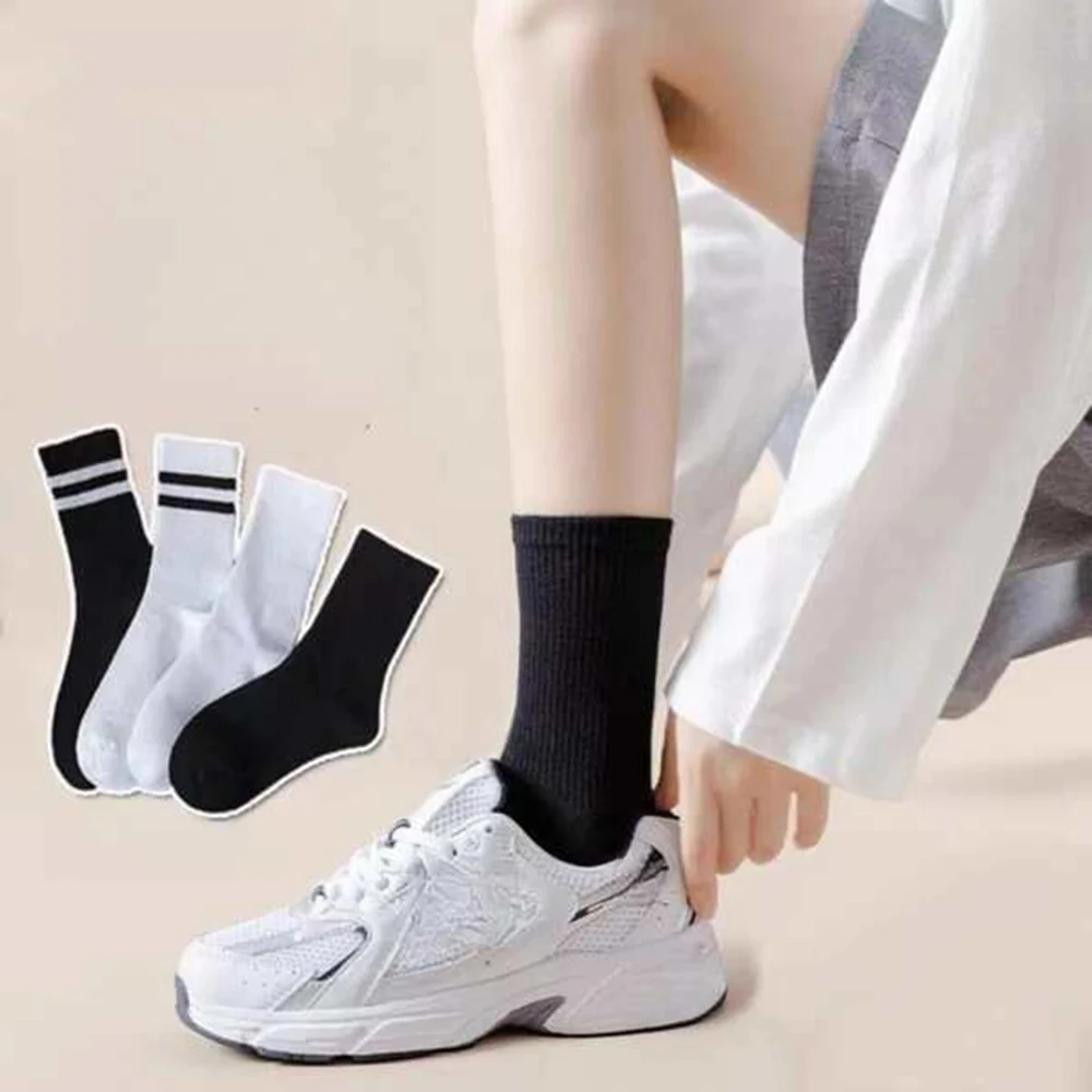 Versatile Women Socks Simplicity Parallel Bar Pattern Fashion Breathable Autumn Women's Mid Length Socks 4/10 Pairs