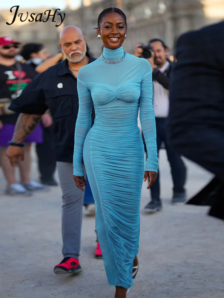 

Женское длинное плиссированное платье-водолазка JusaHy Y2K, пикантное платье-макси в стиле пэчворк, облегающее платье с длинным рукавом, новинка 2023