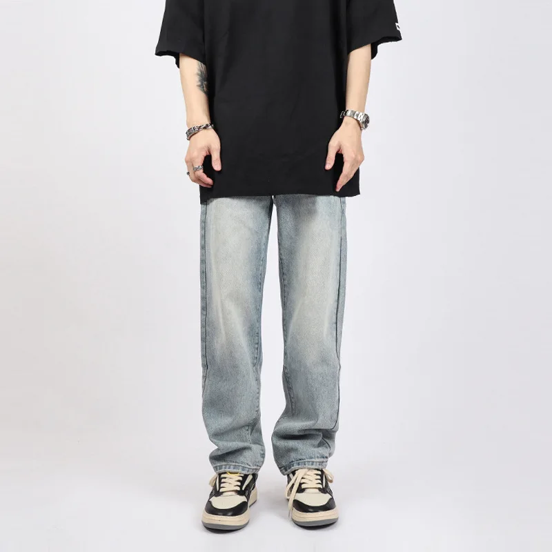 High Street Retro Washed Straight Slim Jeans Men Fashion Streetwear Full Length Denim Pants Casual Trousers