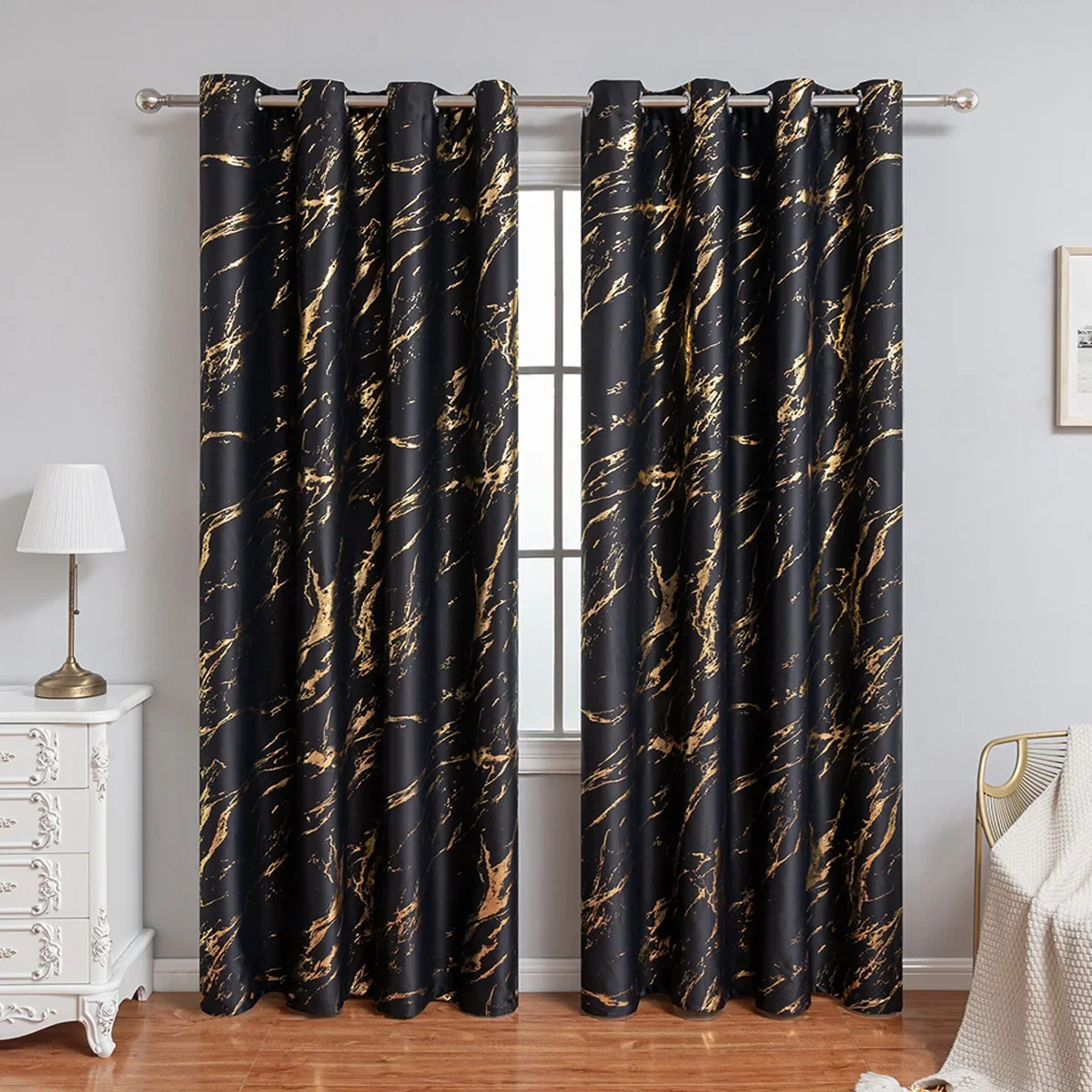 Luxury Marble Pattern Curtain 1 Panel with Gold Foil Design for Living Room