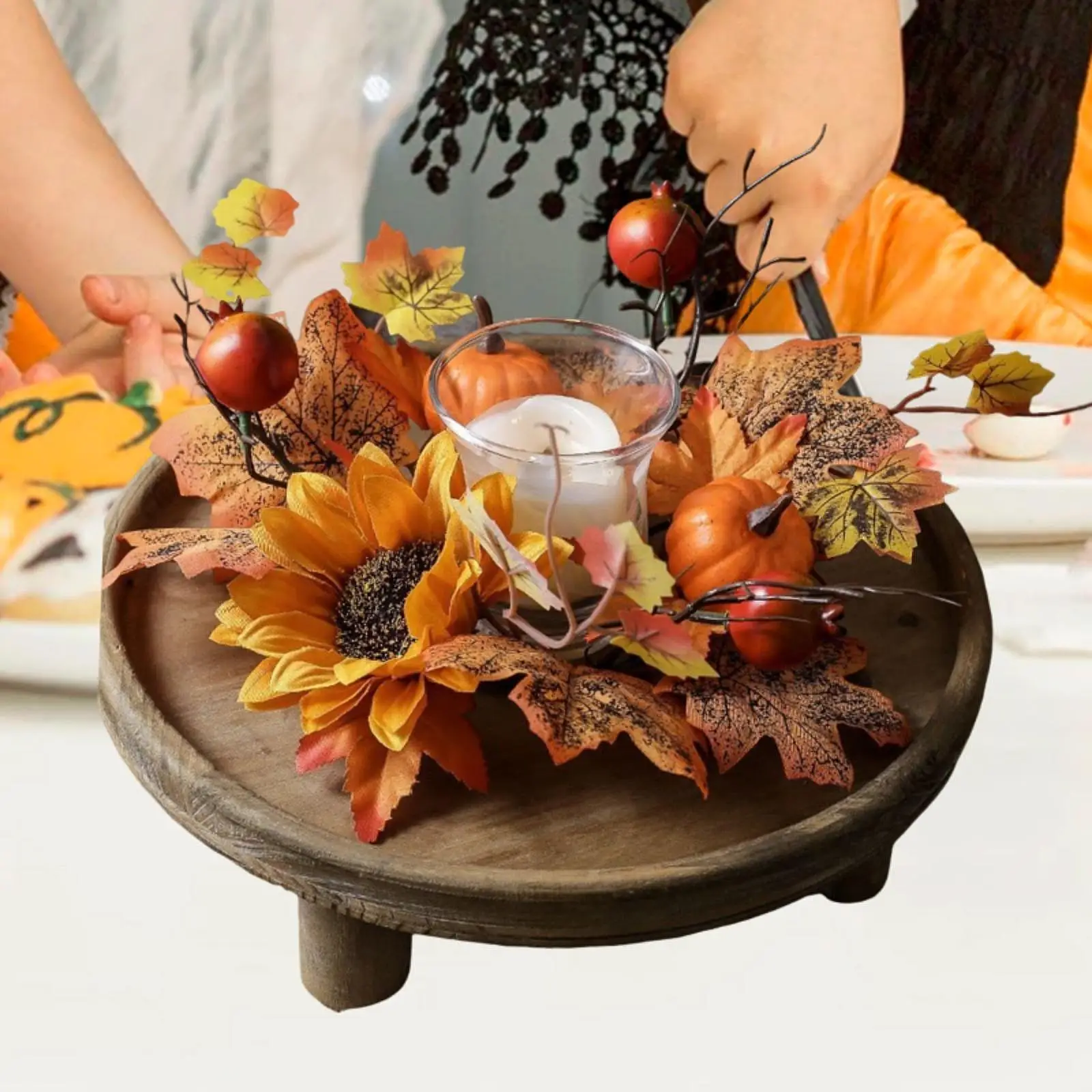 Candle Ring Artificial Wreath Decorative Ornament Rustic Maple Leaves Fall Wreath for Party Living Room Festival Table Farmhouse