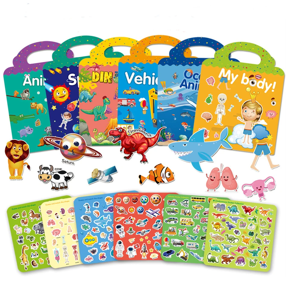 

Children's Stickers Books for Kids 2-4 Years My Body Zoo Vehicle Space Ocean Animals Reusable Sticker Book with Portable Handle