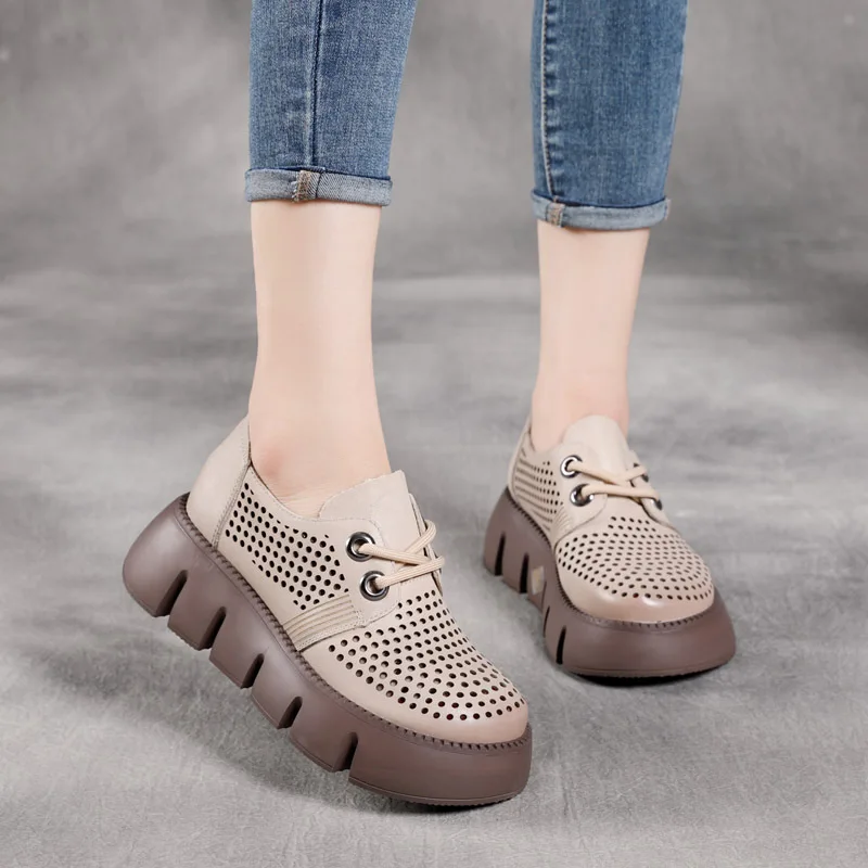 

Handmade Single-Layer Leather Lining Casual Retro Hole Full Grain Cow Leather Thick Bottom Hollow out Pumps Hot Sale