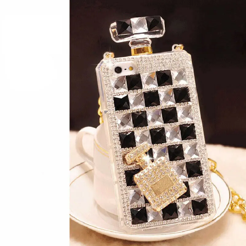 Luxury Shiny Bling Diamond Perfume Bottle Phone Case For iPhone 11 12 13 14 15 Pro Max XS XR 7 8 Plus With Chain DIY Back Cover