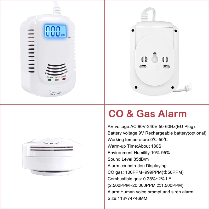 Combination CO Carbon Monoxide Detector Combustible Gas Leak Sensor Sensitive Auto Detect Failure Fire Alarm EU Plug AC 90V-220V