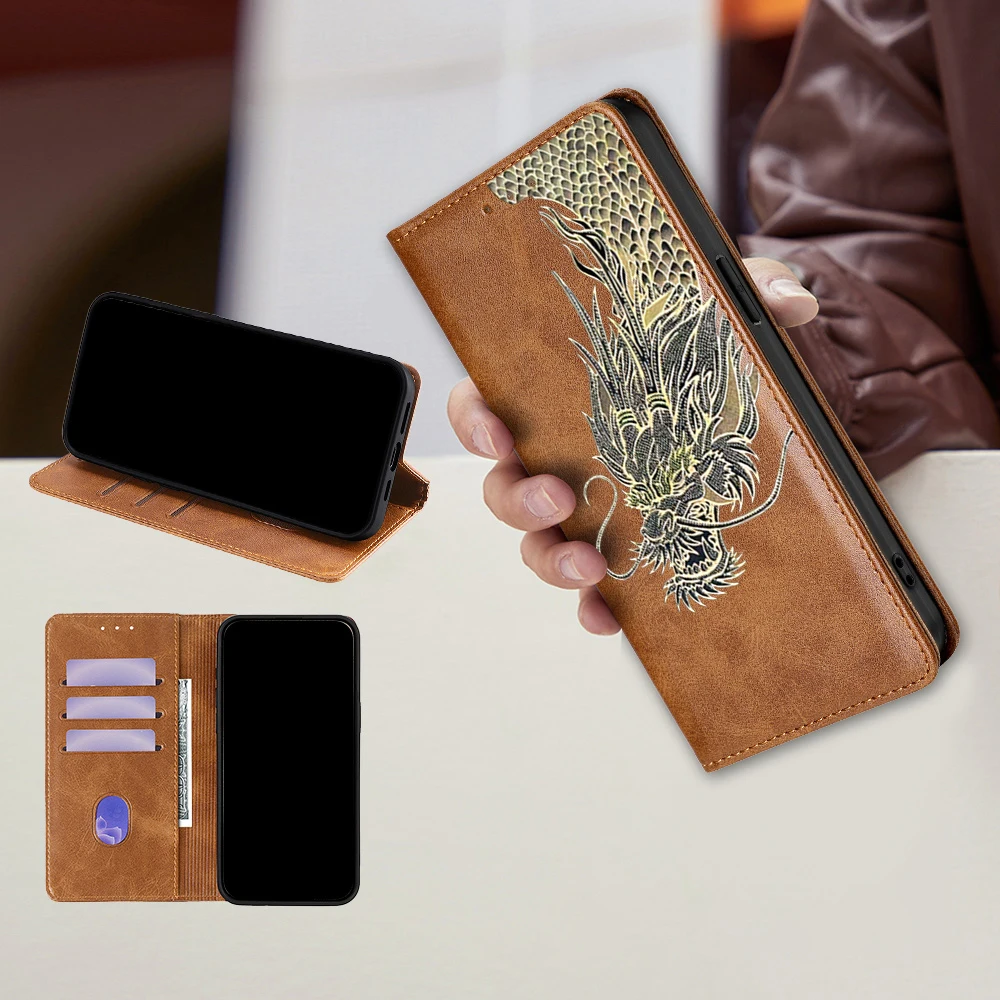 Dragon Pattern Leather Flip Cover - Full Protection Mobile Phone Case