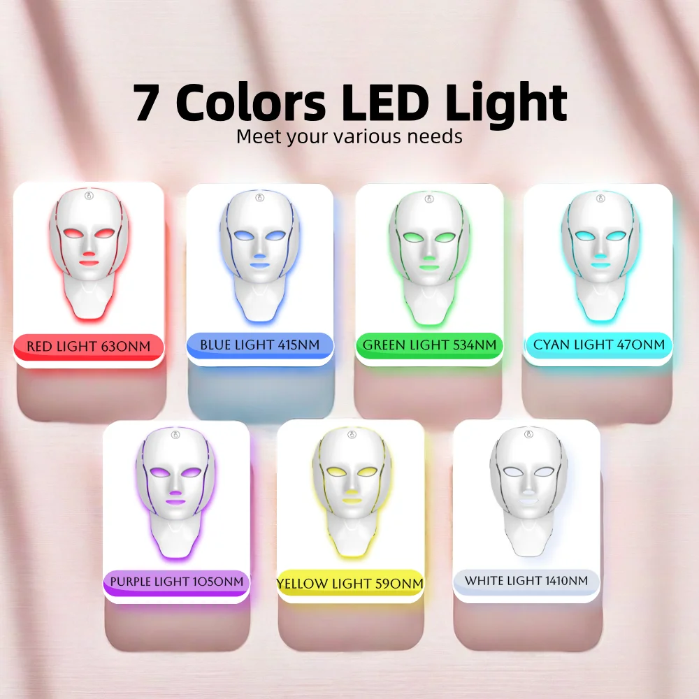 LED Face Mask Red Light Therapy 7 Color Facial Beauty Neck-Face 192LEDs Facial Mask Wireless Home Use Beauty Lovely Gift