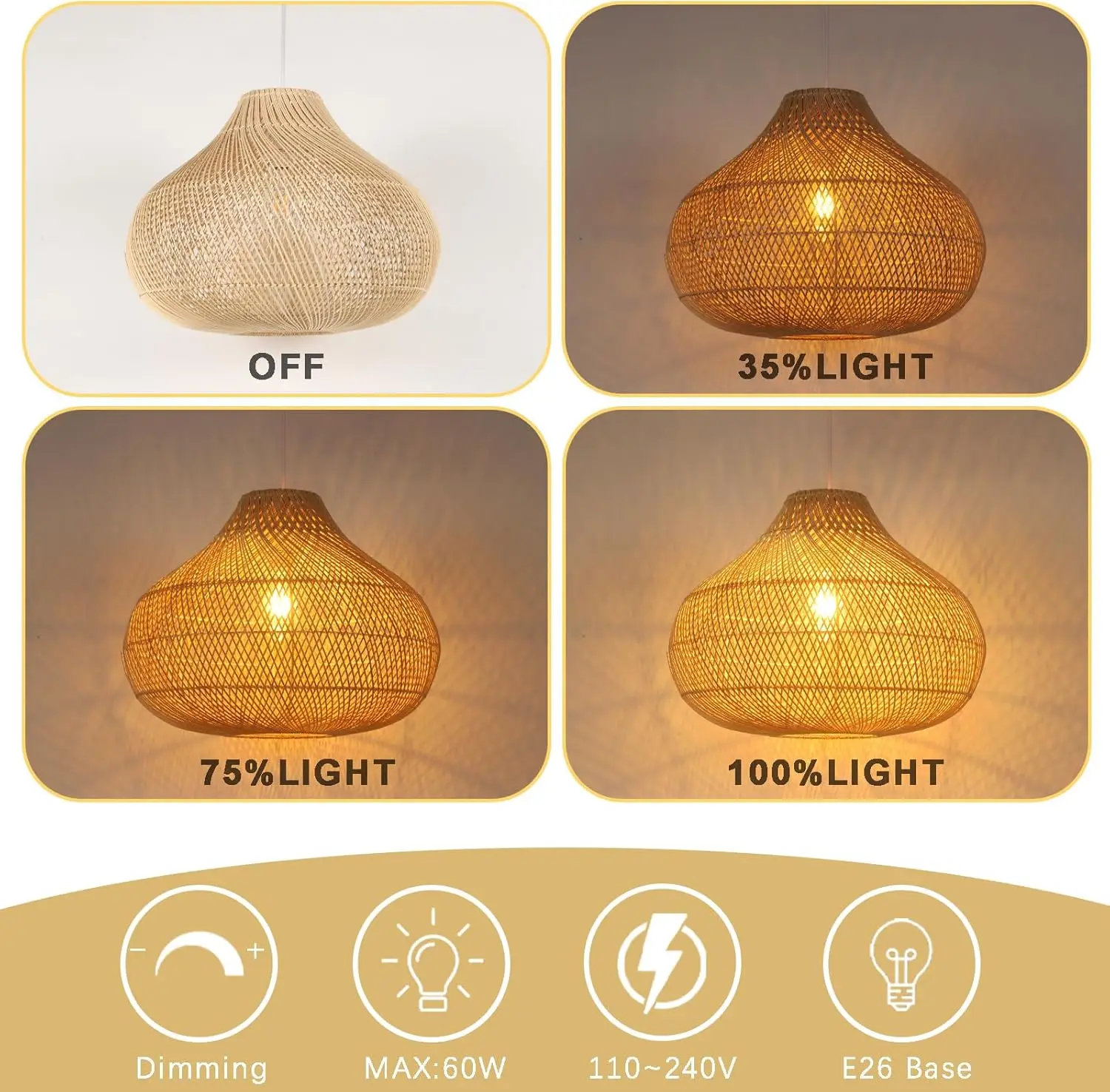 40CM Rattan Pendant Light Rattan Boho Wicker Chandelier Hand-Woven Basket Pendant Light Fixtures for Dining Living Room