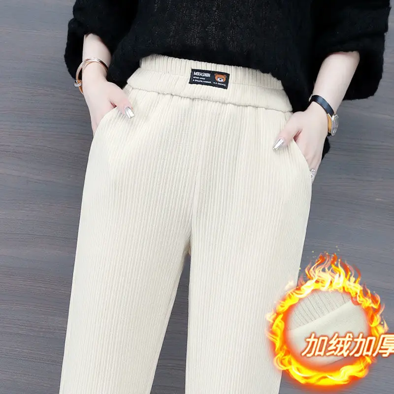 Winter Plus Velvet Harem Pants Women Solid Corduroy High Waist Pantalones Letter Print Stretch Fleece Lined Baggy Sweatpants