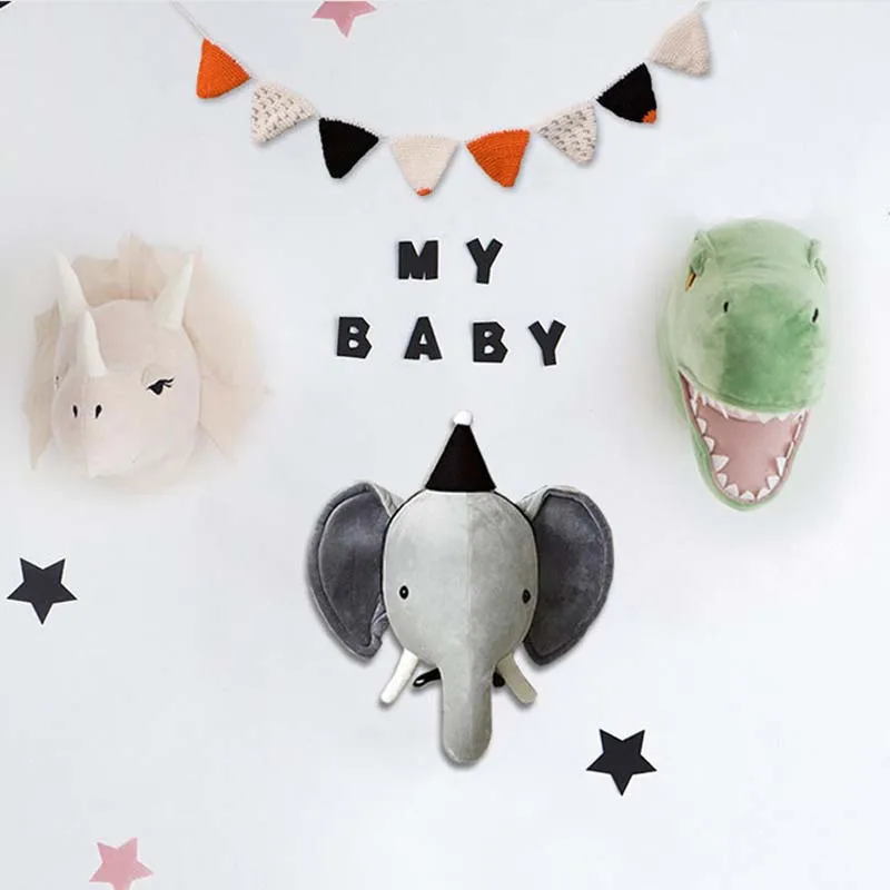 INS Nordic Animal Head Dinosaur Wall Decor Elephant Deer Hanging Mount Stuffed Animal Plush Toy Princess Doll Nursery Room Plush Doll Anime Plush Doll