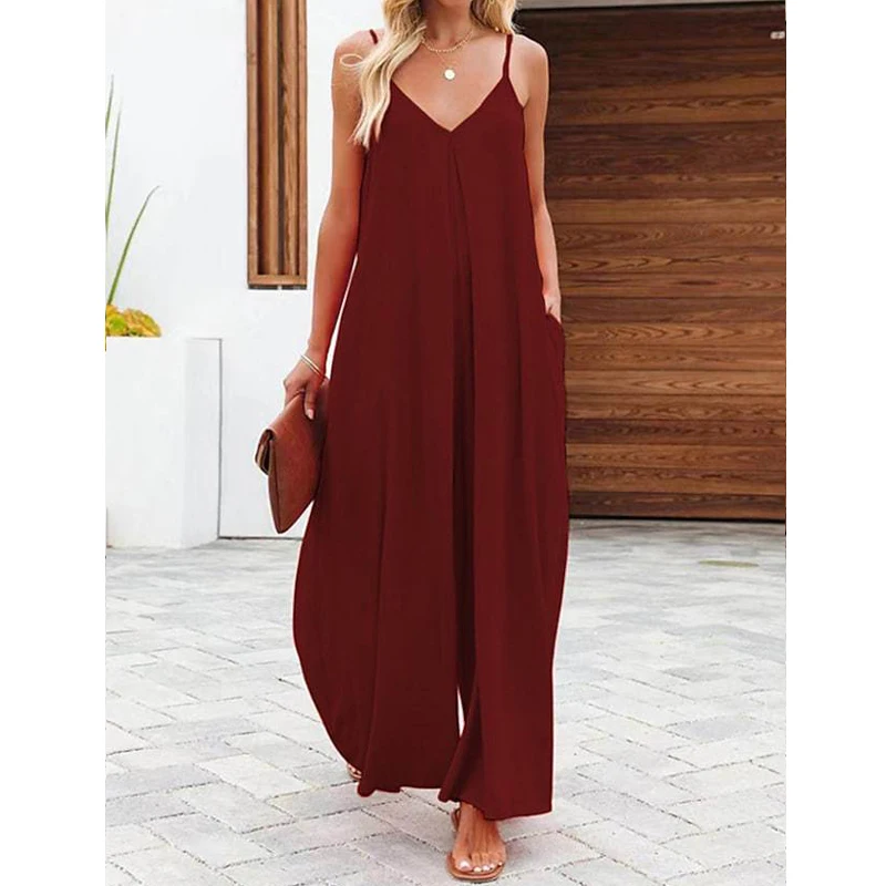 Women Oversized Streetwear Jumpsuits Summer Fashion Elegant Pleated Wide Leg Overalls V Neck Sleeveless Spaghetti Strap Rompers
