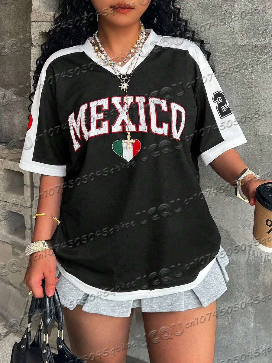 Women'S Mexican Digital Printed Football Jersey T-Shirt V-Neck Loose Quick Drying Short Sleeved Sportswear Casual Clothing Top 5