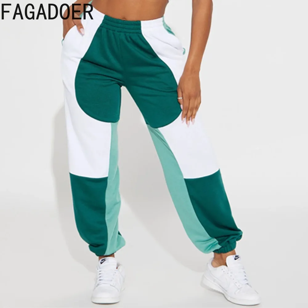 FAGADOER Green Fashion Patchwork Color Jogger Pants Women High Waisted Elastic Pocket Trousers Female Sporty Matching Bottoms