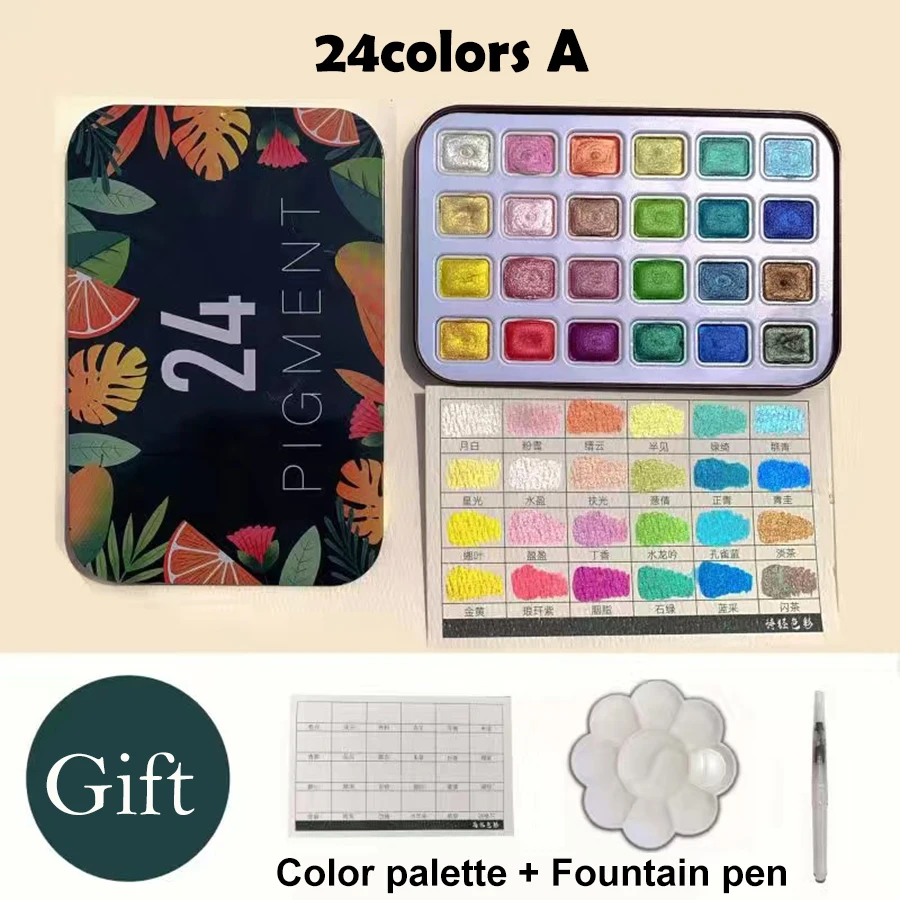 24-color pearlescent watercolor paint set solid palette for artistic blending and Japanese gradient effects watercolor painting set